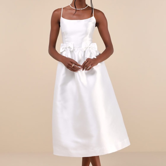 Lulus Classy Aesthetic White Taffeta Bow Midi Dress With Pockets - Size M - Picture 1 of 3